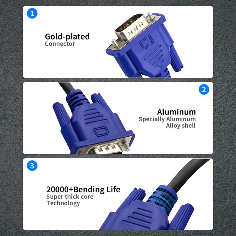 DaFuRui 3Pack VGA to VGA Cablesï¼Œ10Ft HD15 Male to Male Cable for TV Computer Monitor Cable with Blue Connector - Image 4